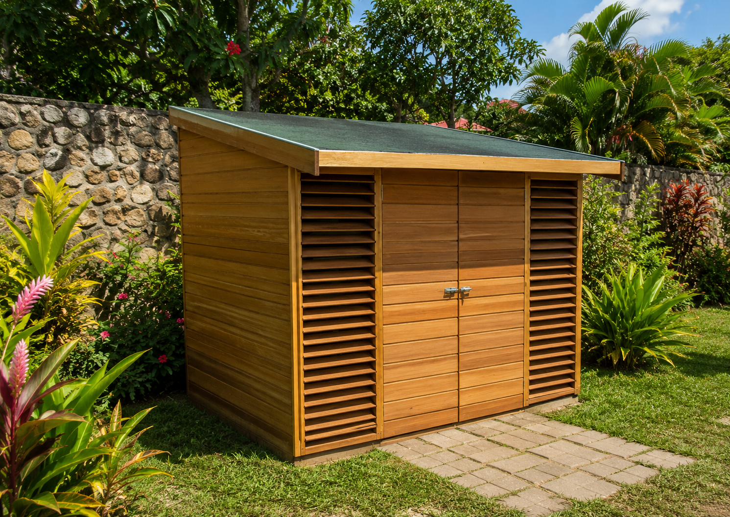 Abri de jardin en bois intégré dans un jardin créole