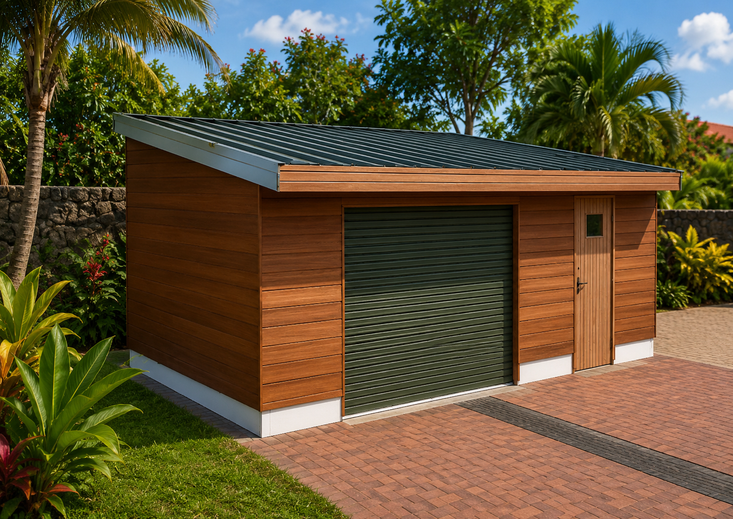 Garage en bois avec volet roulant dans un jardin tropical