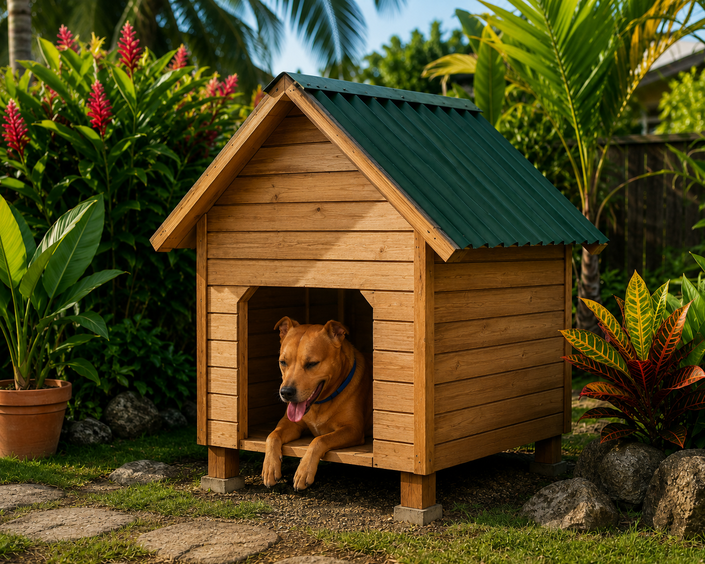 Niche pour chien habillée en bardage bois dans un jardin créole